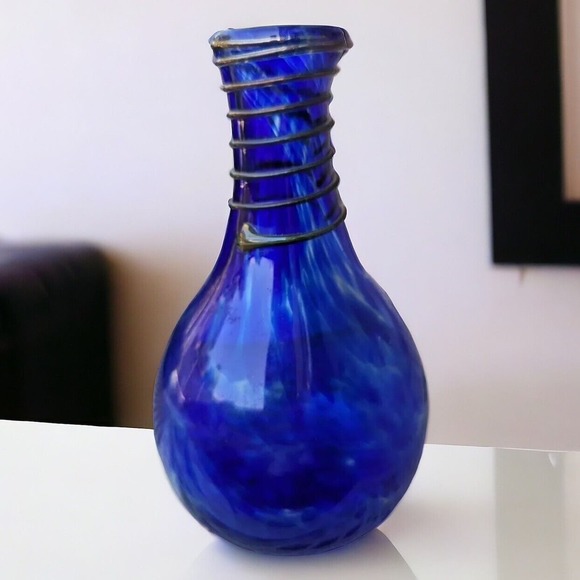Vtg Arthur Allison Cobalt Blue Swirl Blown Art Glass Vase